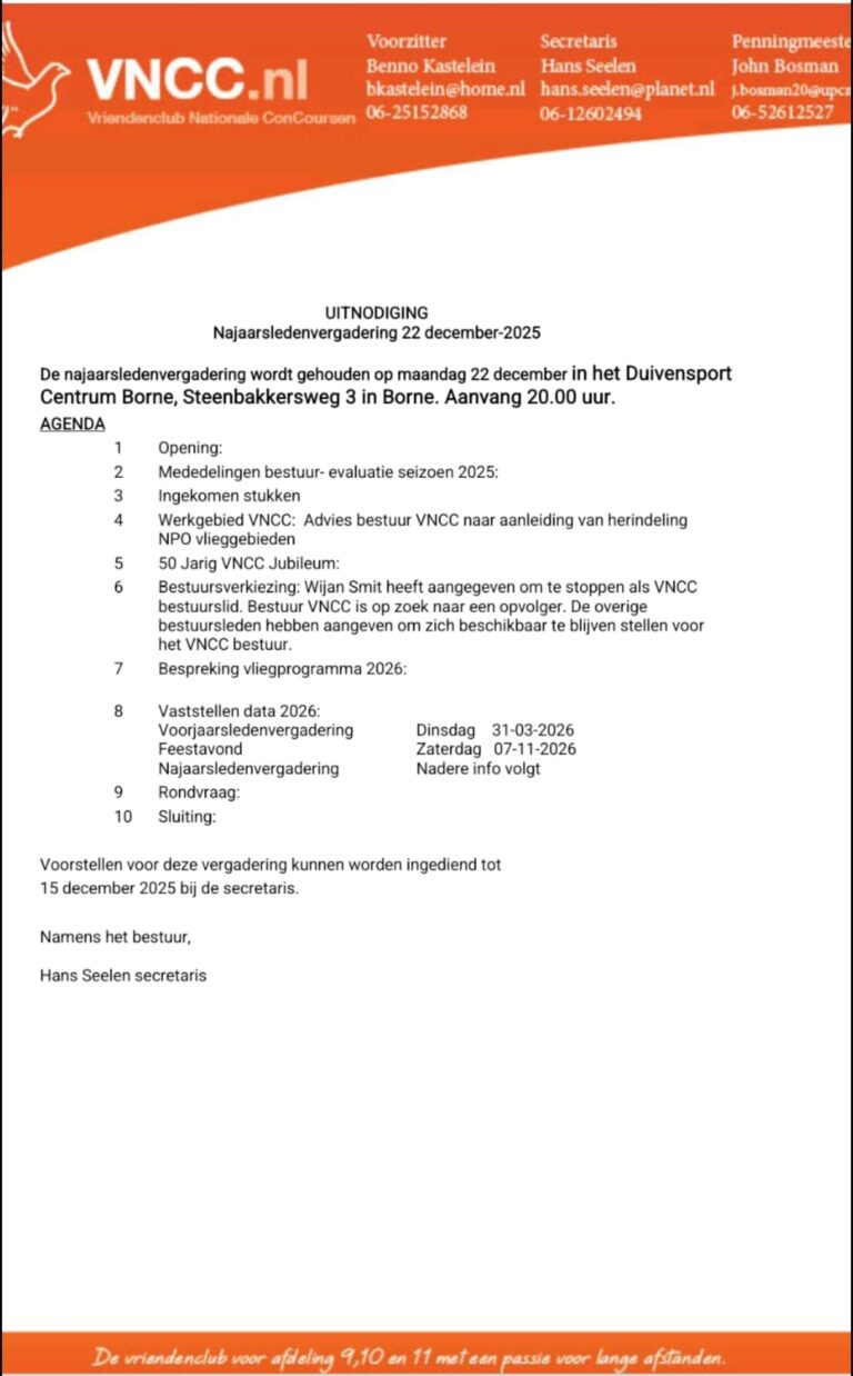 22 December: Najaarsledenvergadering VNCC